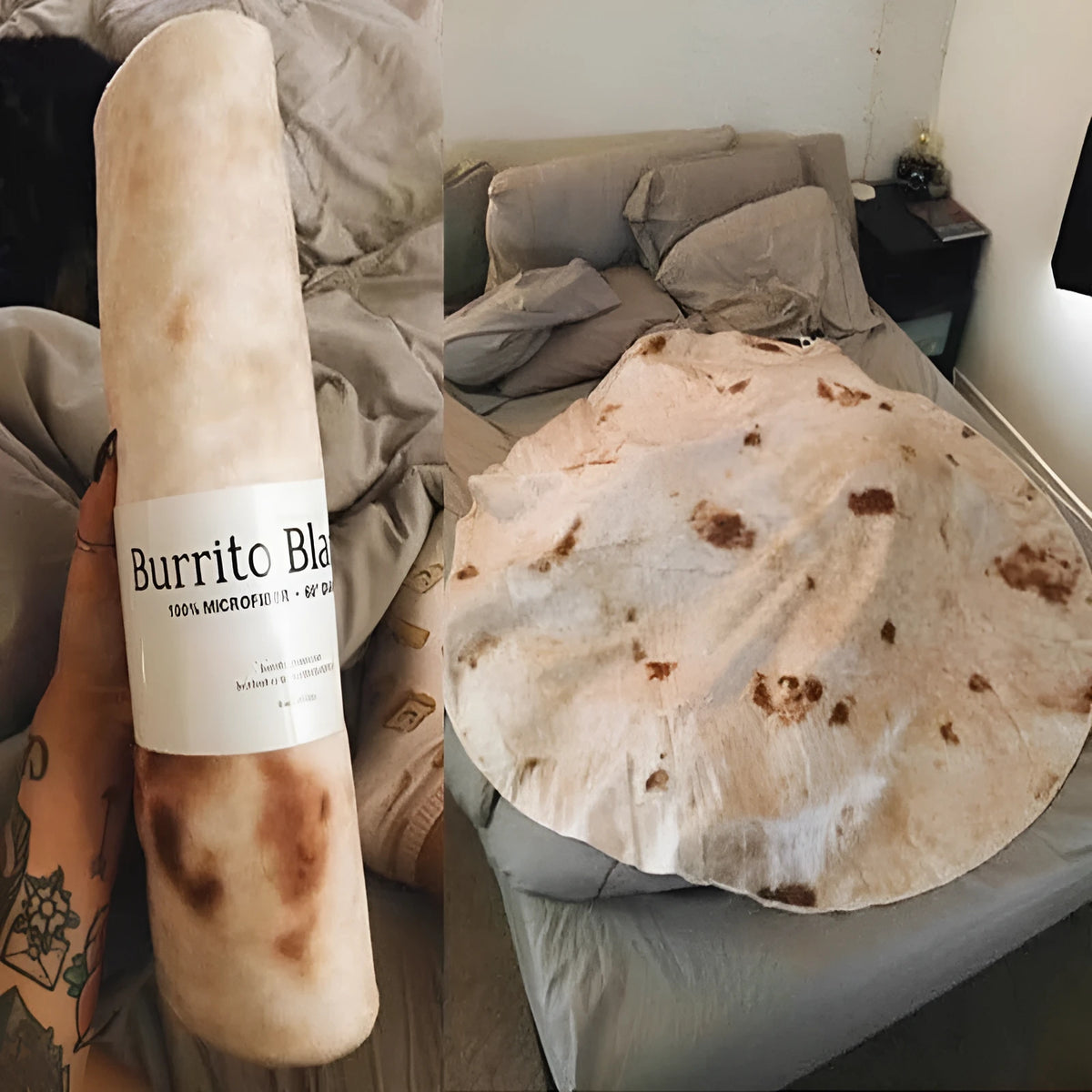 Round coral fleece burrito blanket with a food-themed print, shown folded.