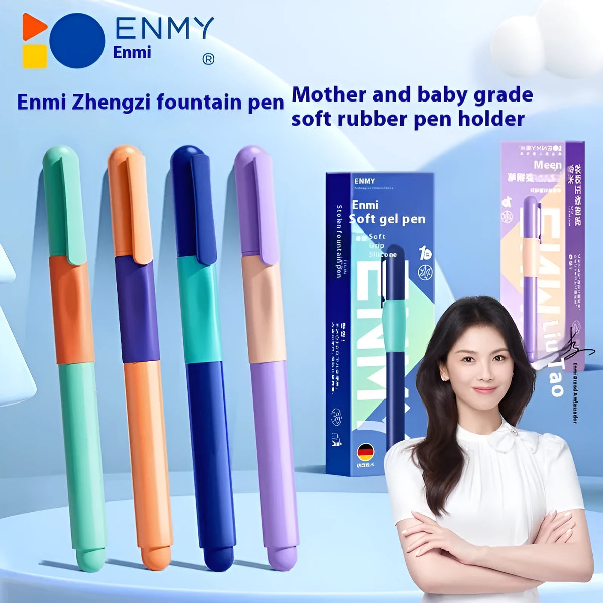 Posture correction pen with triangular grip design in blue, green, purple, and orange colour options