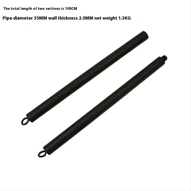 Two-segment push-and-pull fitness stick with attached rope next to its carrying bag.