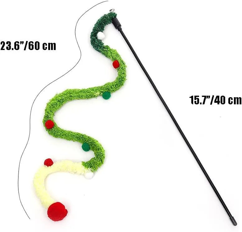 Colourful cat wand toy with plush strip and bell on 41cm pole for interactive play