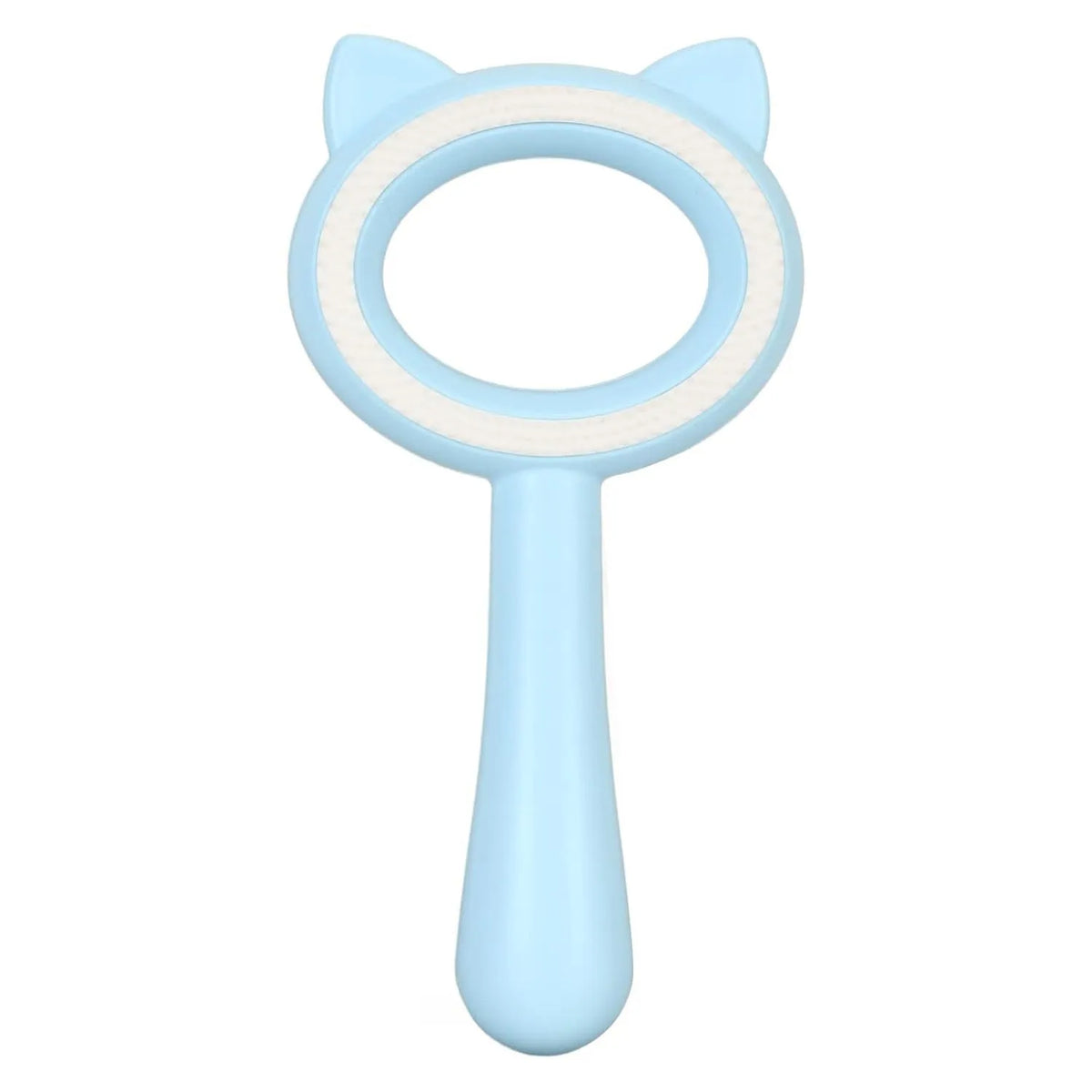 Blue and white double-sided pet grooming brush with ergonomic handle for cats and dogs