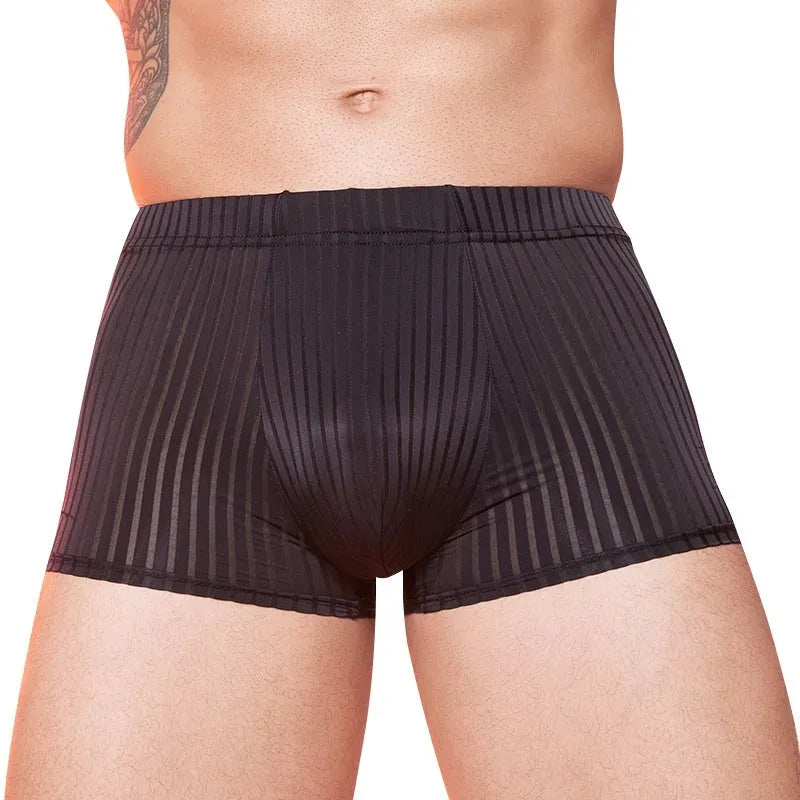 Men's striped underwear in thin transparent nylon fabric, shown in black, white and dark grey colours.