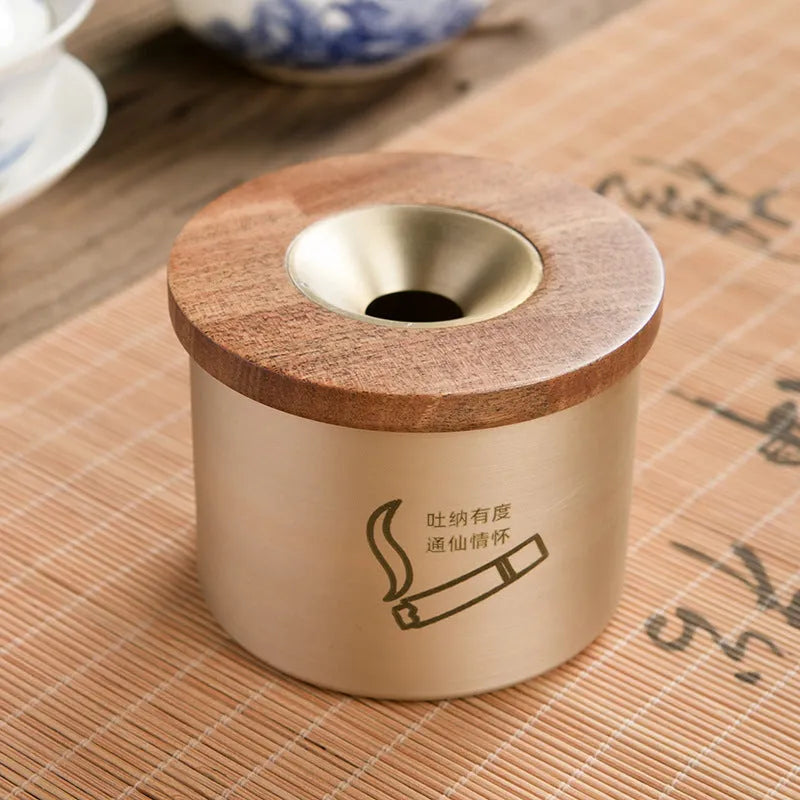 Retro brass ashtray with copper body and black or rosewood wooden lid featuring a middle hole design for living room use