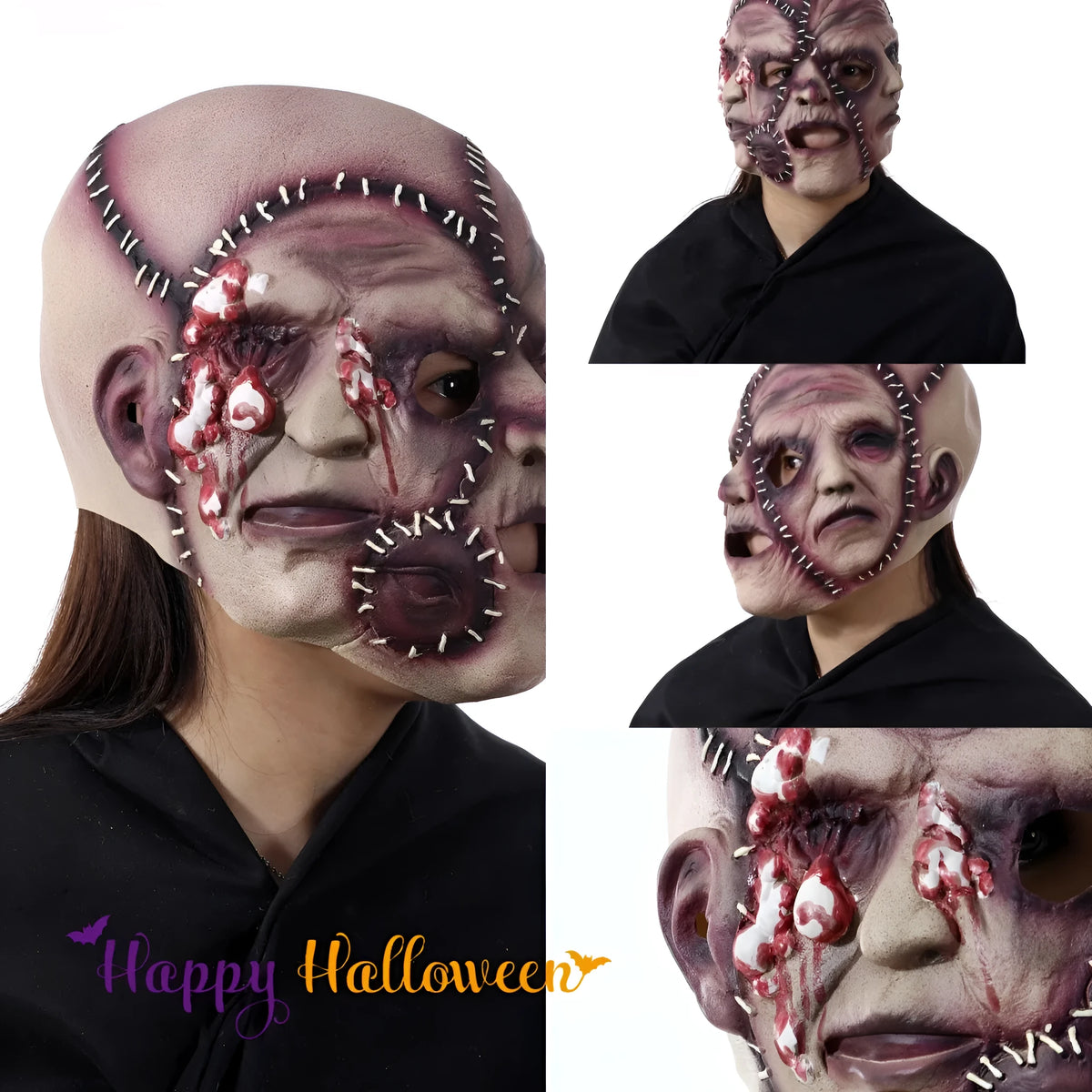 Latex three-sided Grimace horror Halloween mask for adults on a black background.