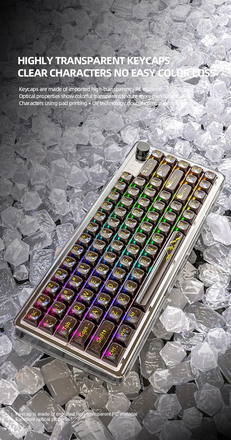 Attack Shark K75RGB wireless mechanical keyboard with transparent white case showing RGB lights and gasket mount.