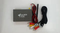 Black car mirror link box Wi-Fi converter with power cable, AV cable, and antenna for smartphone screen mirroring.