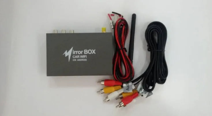 Black car mirror link box Wi-Fi converter with power cable, AV cable, and antenna for smartphone screen mirroring.