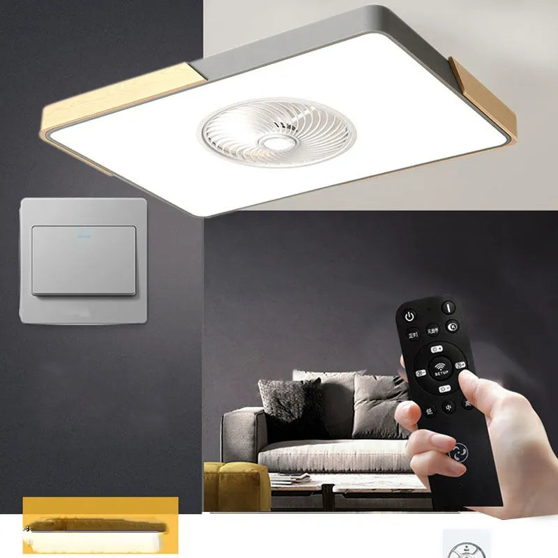 Nordic style ceiling fan and light fixture with solid wood mounting base on a white ceiling
