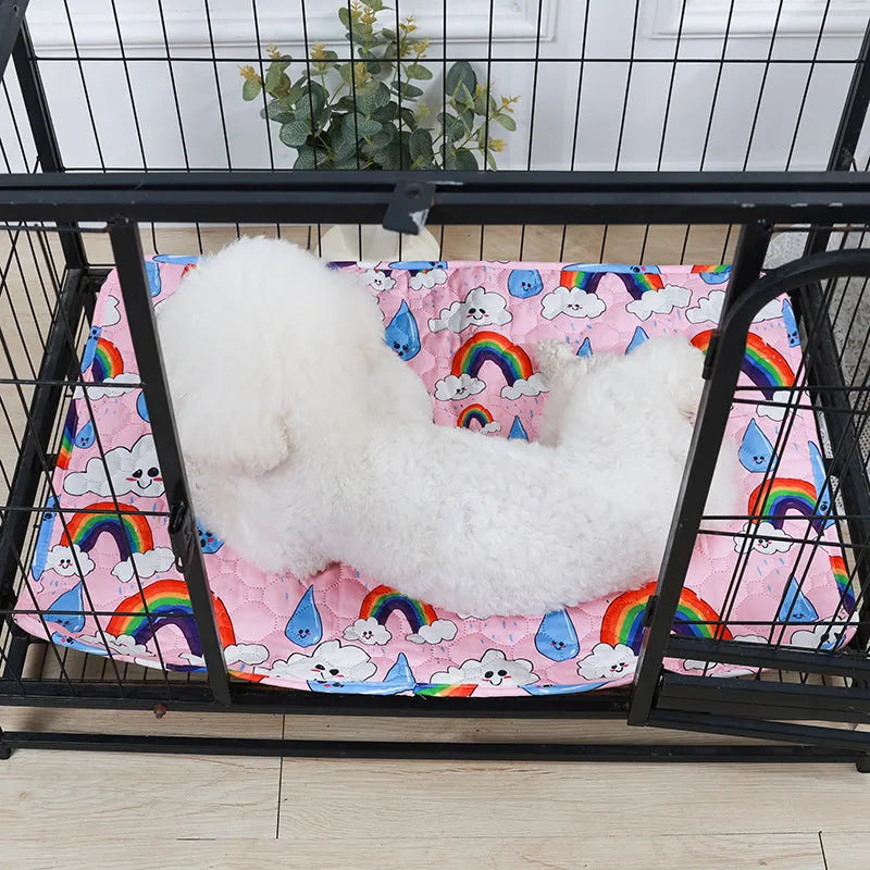 Reusable washable pet urine pad with non-slip backing in Animal World pattern, laid flat on floor.