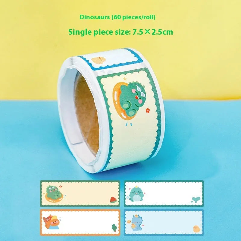 Roll of cartoon tape name stickers with dinosaur astronaut rabbit girl print designs for organisation