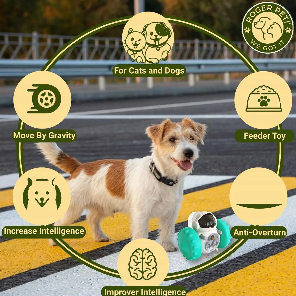 Self-balancing dog treat dispenser toy with robot design in multiple colours