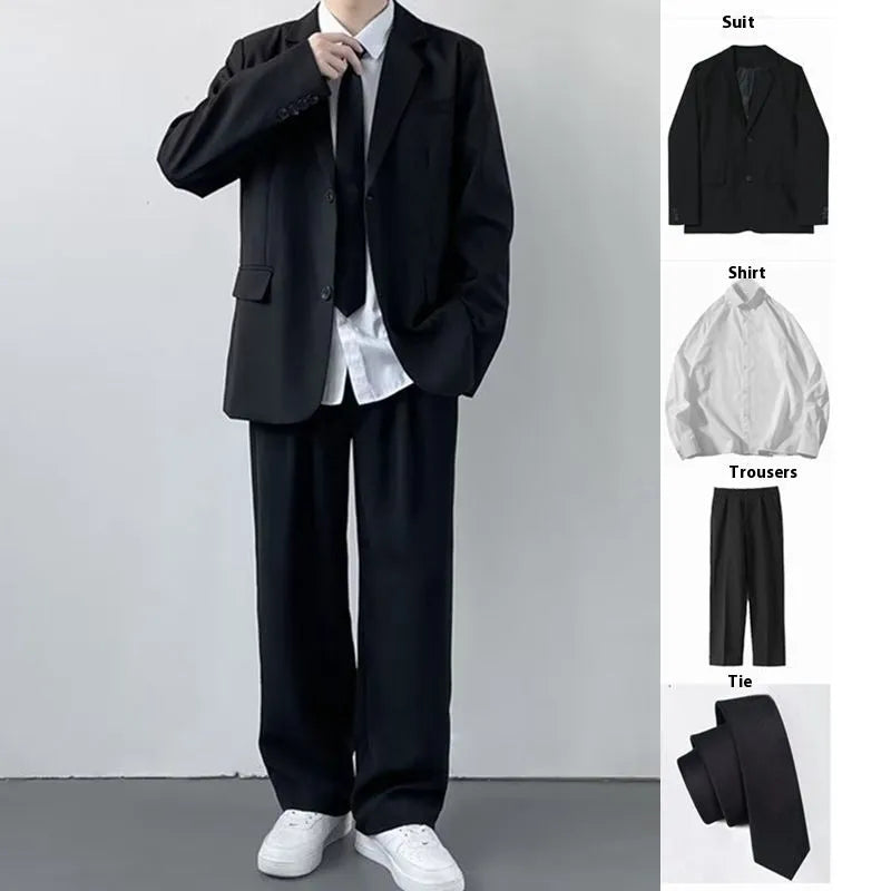 Men's plus size grey suit jacket and trousers set with white shirt and tie on a hanger