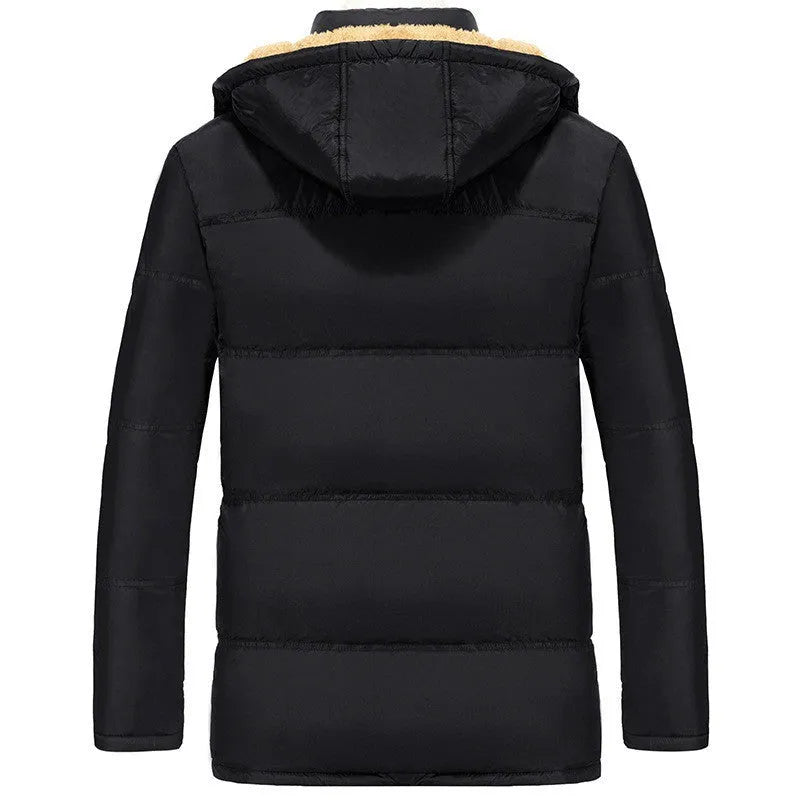 Men's black velvet-lined padded jacket with double-breasted placket and hood in loose fit