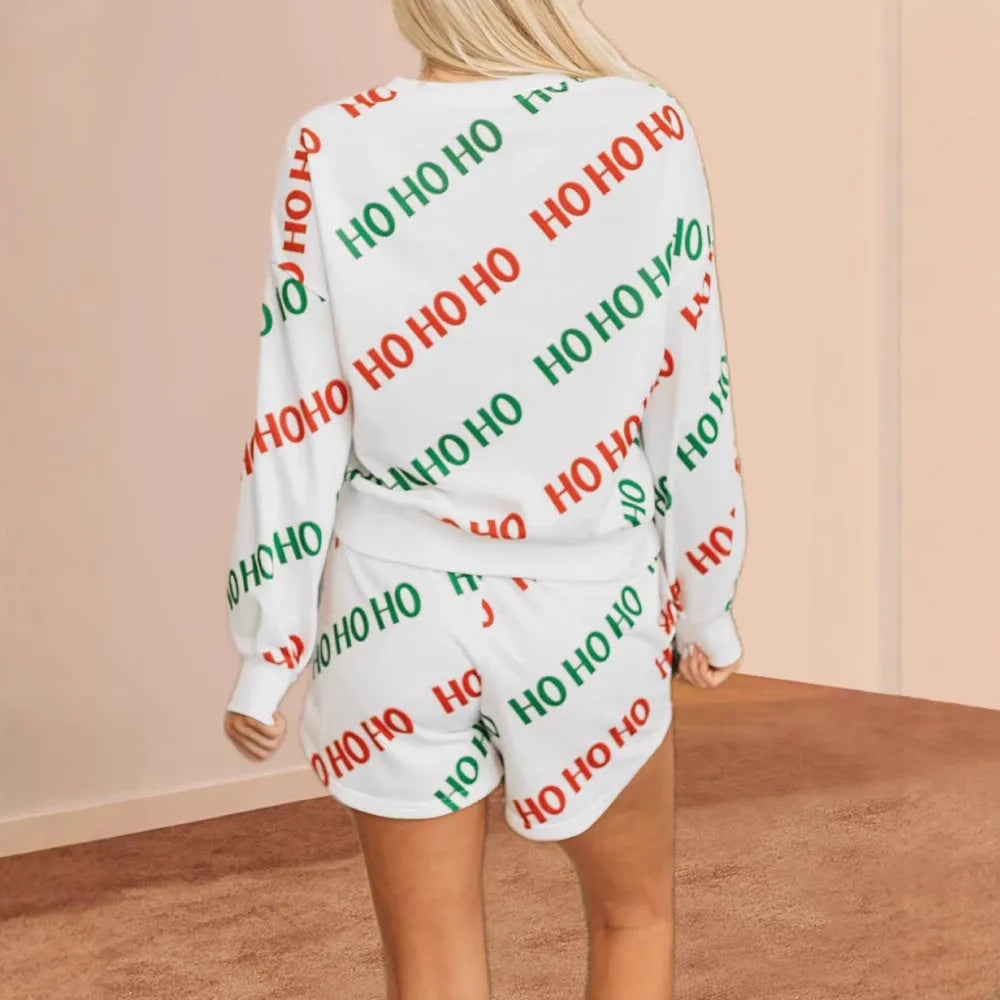 Women's white two-piece street fashion suit with printed letters and numbers on both top and trousers