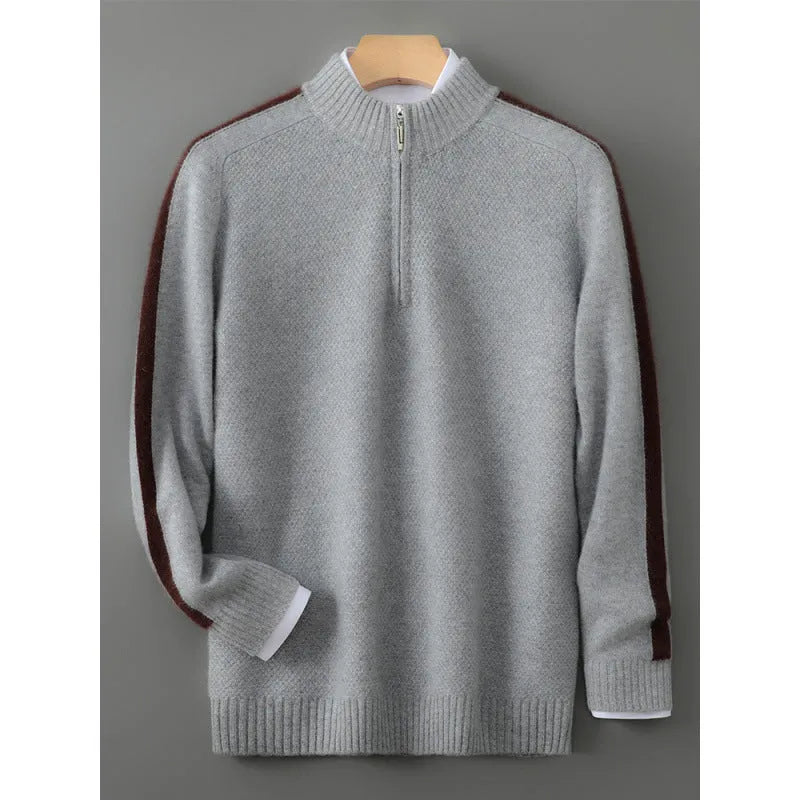 Men's slim fit half-zip wool sweater in standard wool thickness with round neck