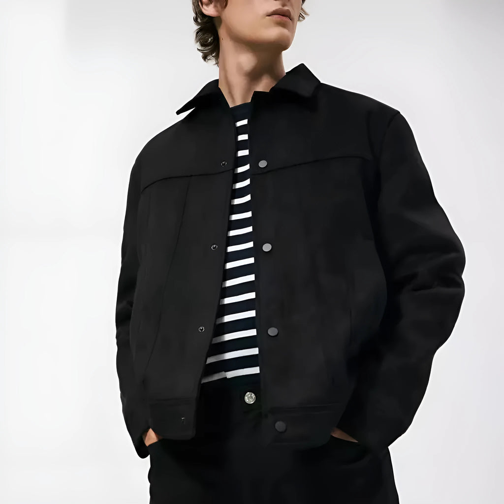 Men's black hooded jacket with suede collar showing loose sleeves and straight hem