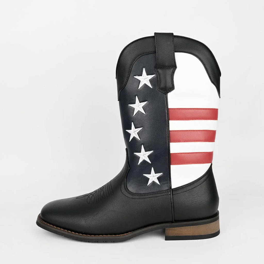 Men's black artificial leather cowboy boots with floral detail, square low heel, and mid-calf shaft.