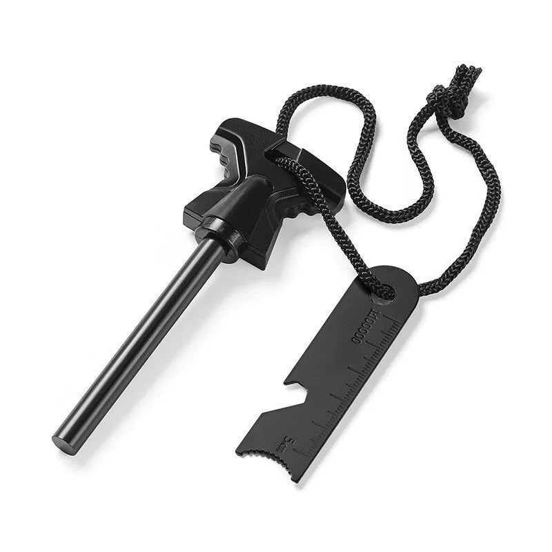 Stainless steel butterfly-shaped fire starter with integrated bottle opener, shown with dimensions.