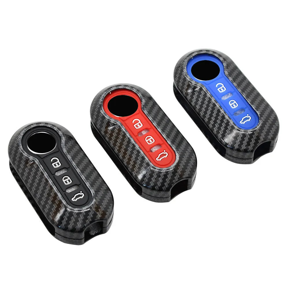 Fiat 500 Boyue ABS plastic remote key shell with carbon fibre pattern in black, red, and dark blue colours