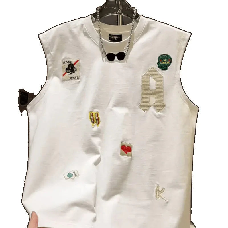Men's black cotton sleeveless vest T-shirt with a cartoon print graphic, showing loose fit.