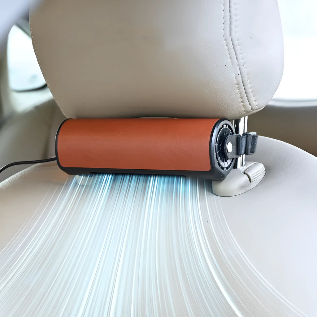 USB-powered rear seat car fan in black, brown, or red with a 1.5-metre cable attached.