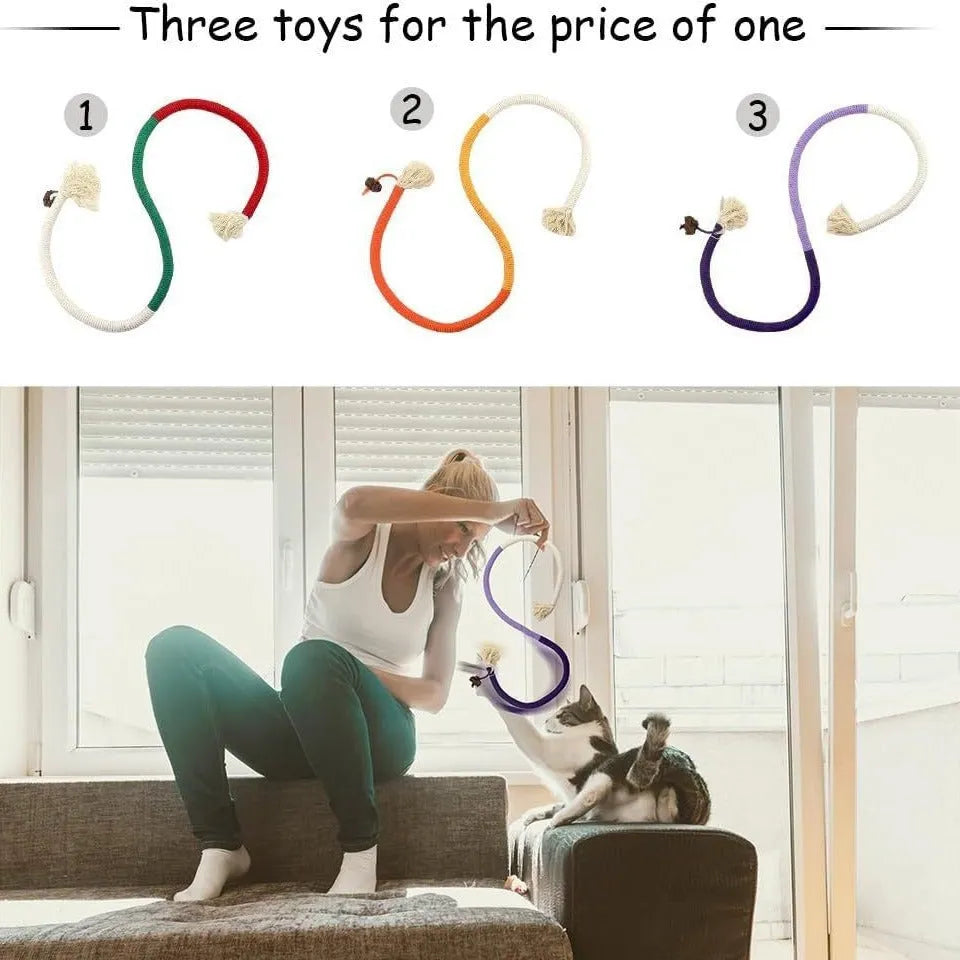 70cm long cotton cat bite rope toy in three colours: purple, orange, and red with green.