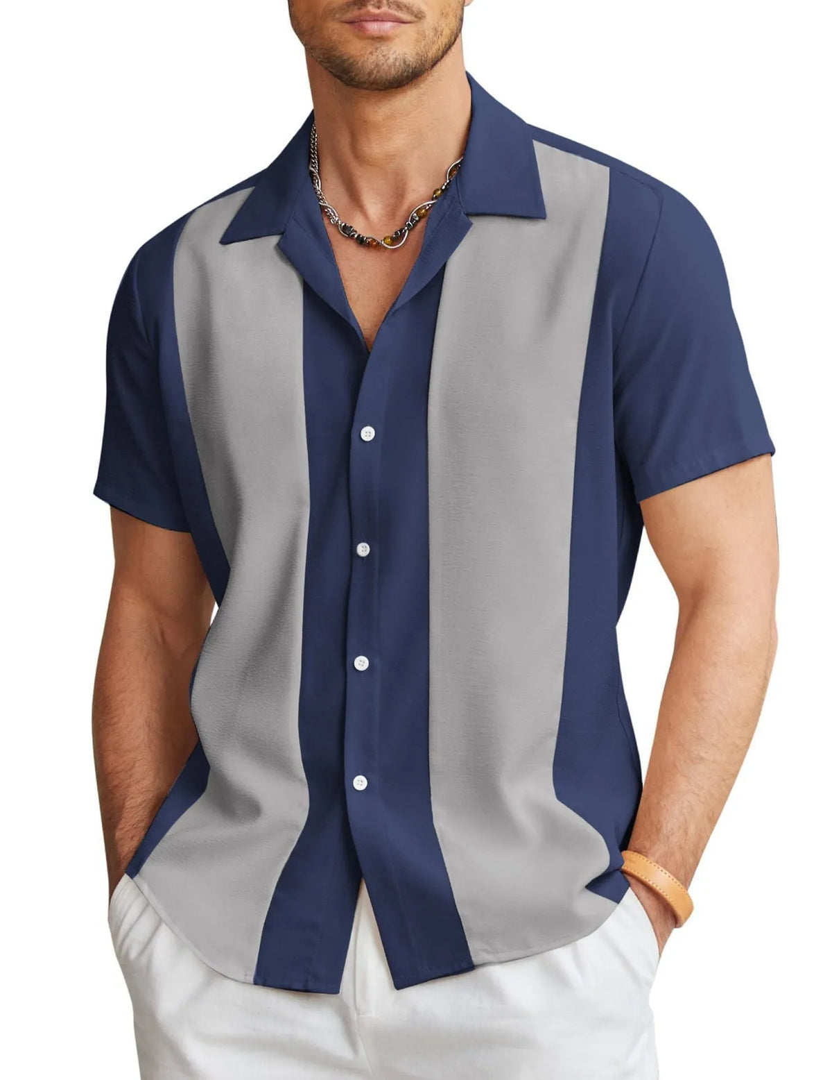 Men's slim fit Hawaiian short sleeve shirt in cardigan style with digital printing