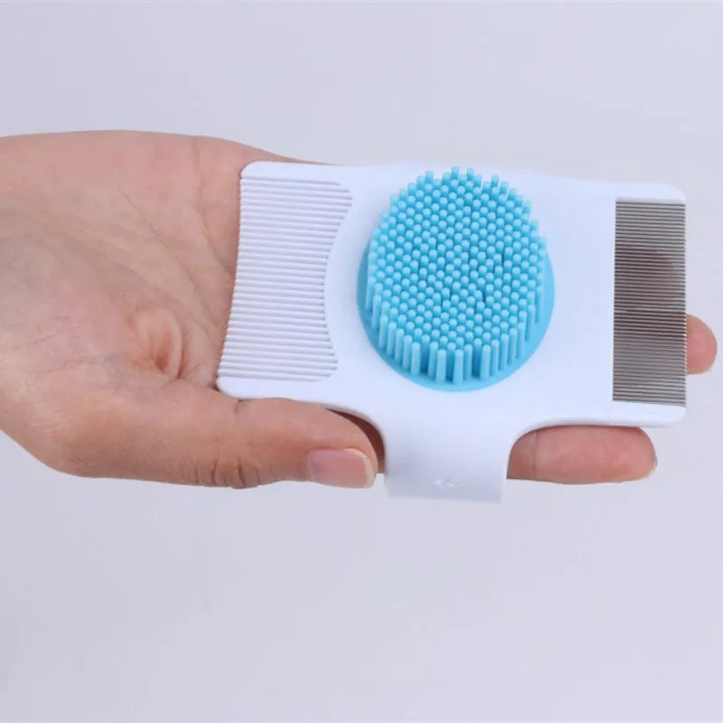 Blue and green multifunctional pet comb for dog grooming with floating hair removal, massage, and flea control features