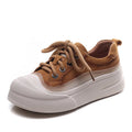 Women's yellow and cameo brown full grain cow leather lace-up casual shoes with round toe and rubber sole.