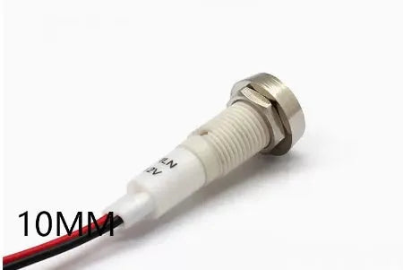 10mm stainless steel edge plastic indicator light with wire in blue, green, red, white, or yellow.