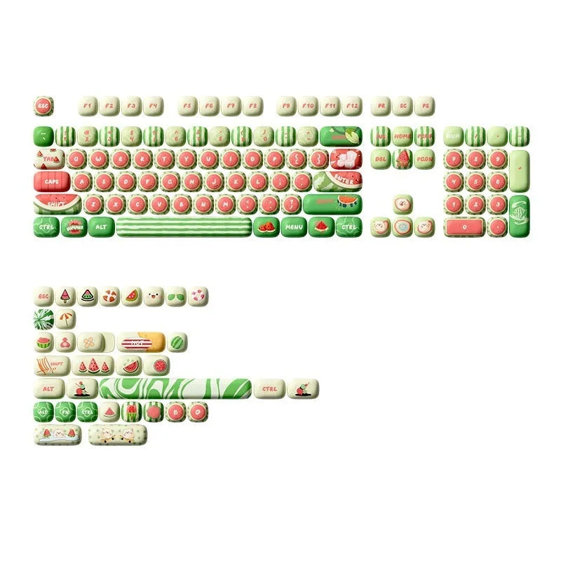 Watermelon themed mechanical keyboard key caps with five-sided sublimation print on PBT plastic.