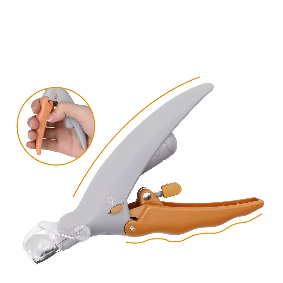 Yellow pet nail clipper with built-in LED light and magnifying glass on a white background.