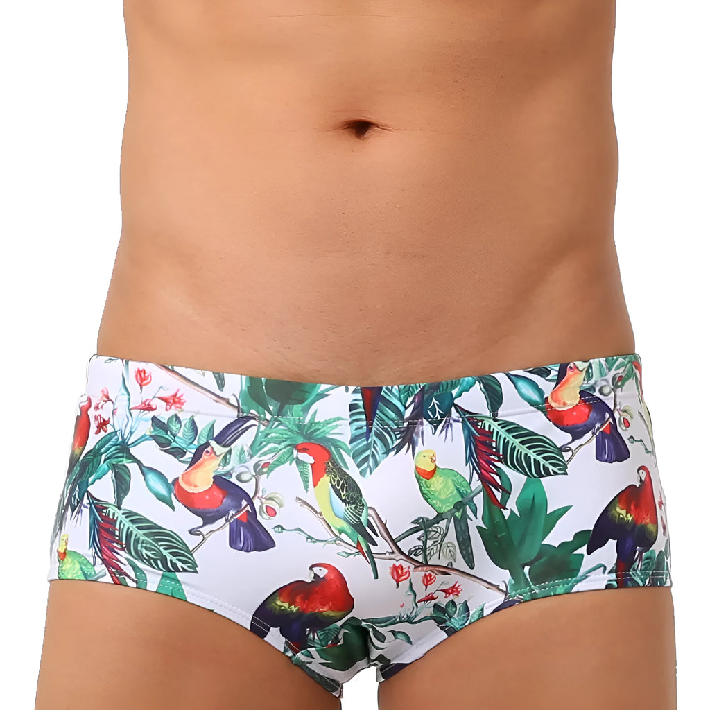 Men's flower-bird print swimming trunks in small boxer style with nylon fabric