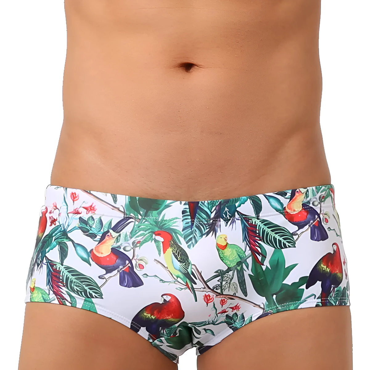 Men's flower-bird print swimming trunks in small boxer style with nylon fabric
