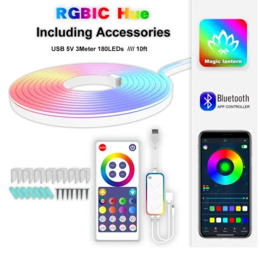 3-metre USB-powered RGB neon LED strip lights with remote control on colour box packaging