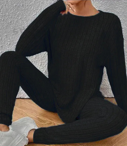 Women's black and blue polyester two-piece lounge set with sunken stripe pattern in extended sizes