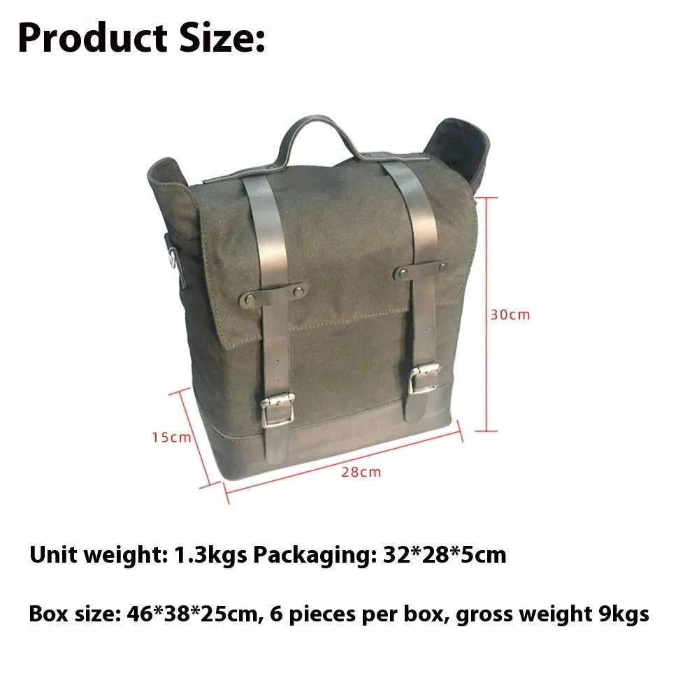 Canvas and cowhide motorcycle side pannier pack with waterproof construction
