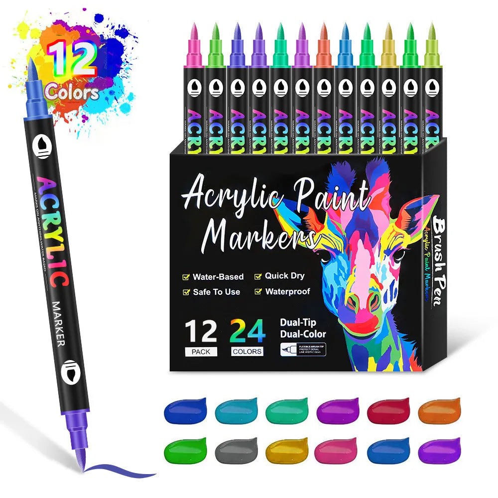 Set of washable double-headed acrylic marker pens with quick-drying opaque colours in plastic casing
