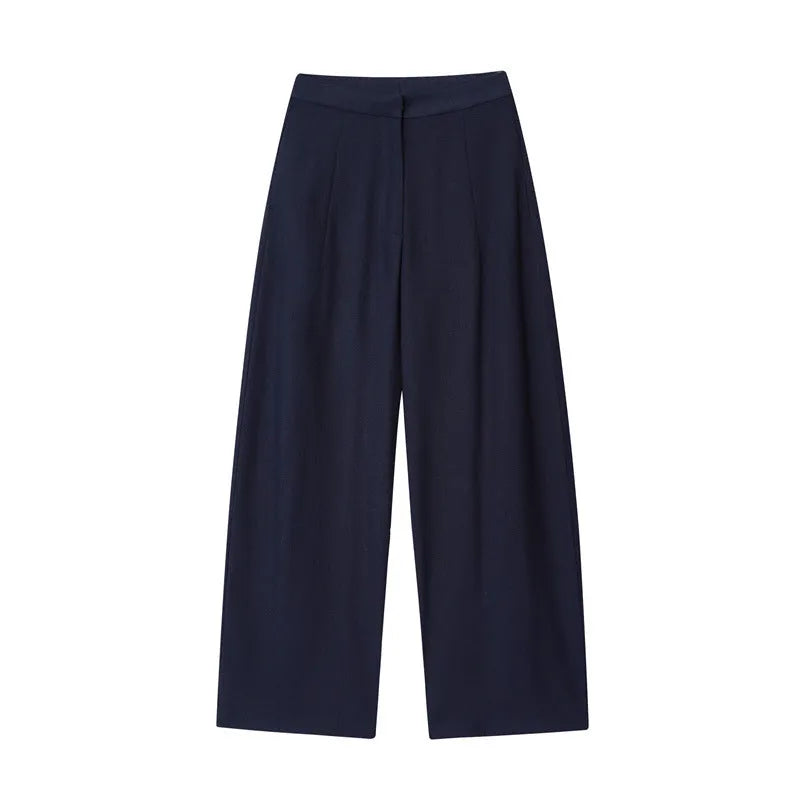 Women's linen blend suit with flounced sleeves and wide leg trousers for office wear