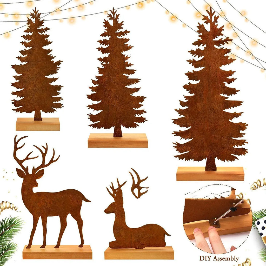 Three rusty metal Christmas decorations featuring elk and trees on a wooden surface