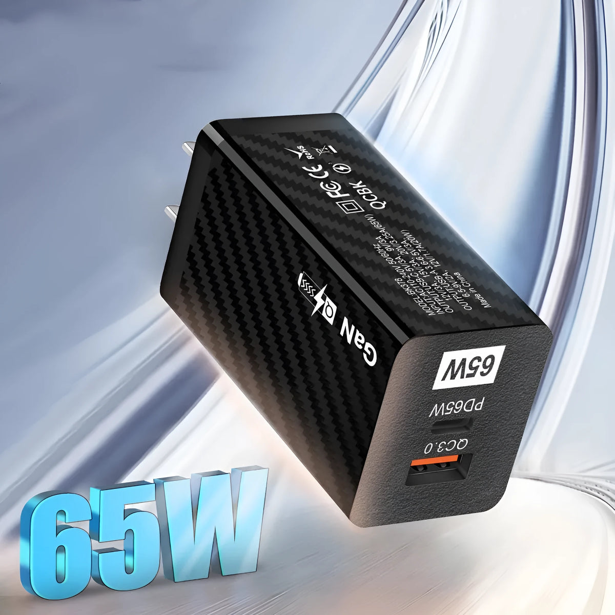 White and black Gallium Nitride 65W laptop charger showing US, UK, EU plug options