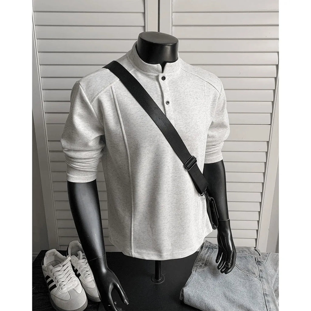 Men's loose fit patchwork collar polo shirt in white gray colour with stand-up collar and long sleeves