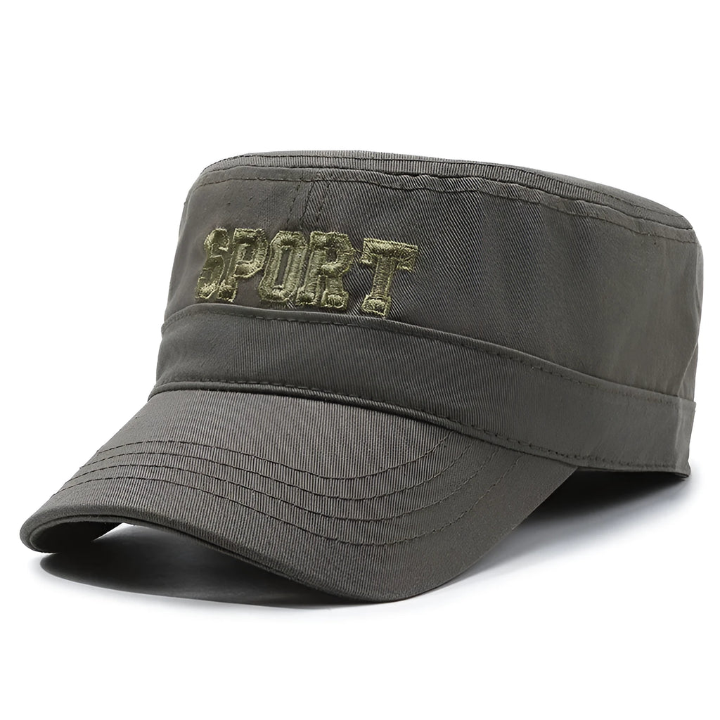 Men's flat-top peaked cotton cap in adjustable size with sun protection properties