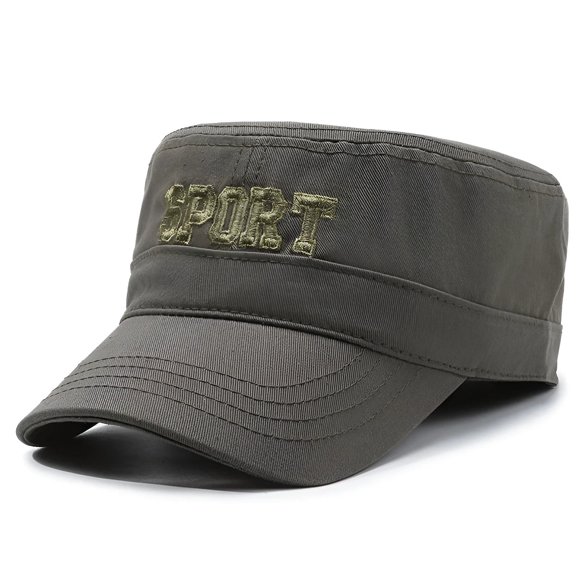 Men's flat-top peaked cotton cap in adjustable size with sun protection properties