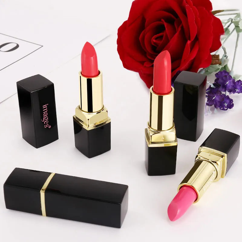 Moisturising lipstick lip gloss in ten colours including coral red and rose purple, 3.8g per stick.