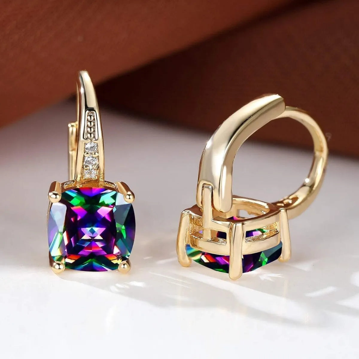 Geometric quadrilateral moissanite ear clip earrings in gold electroplated finish