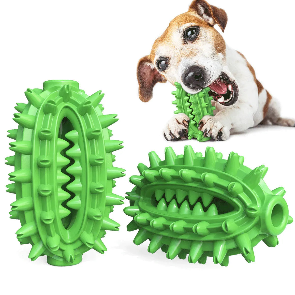 Green cactus-shaped dog toothbrush toy for aggressive chewers with textured dental cleaning surface