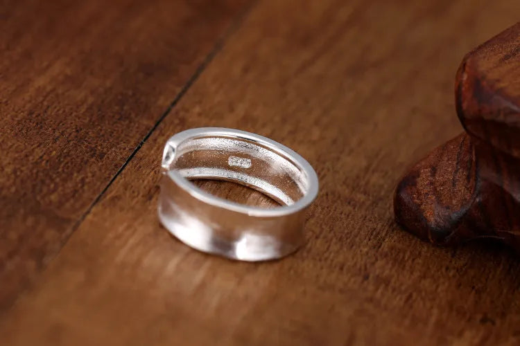 Korean frosted sterling silver open ring with geometric shape and adjustable opening