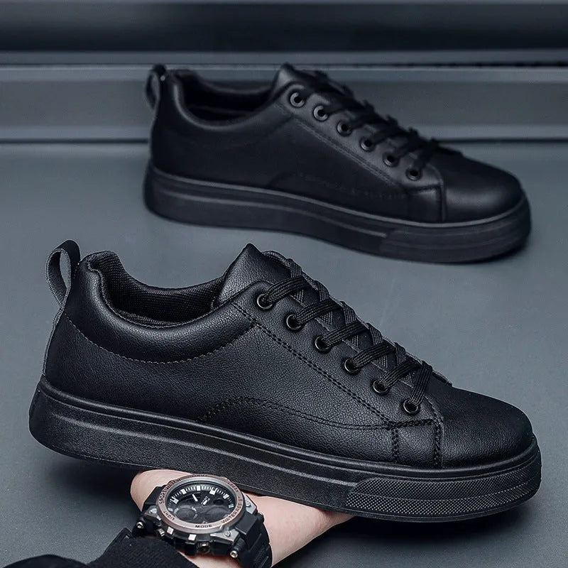 Men's Korean-style breathable sneakers with rubber sole in all black, all white, and black with white bottom options