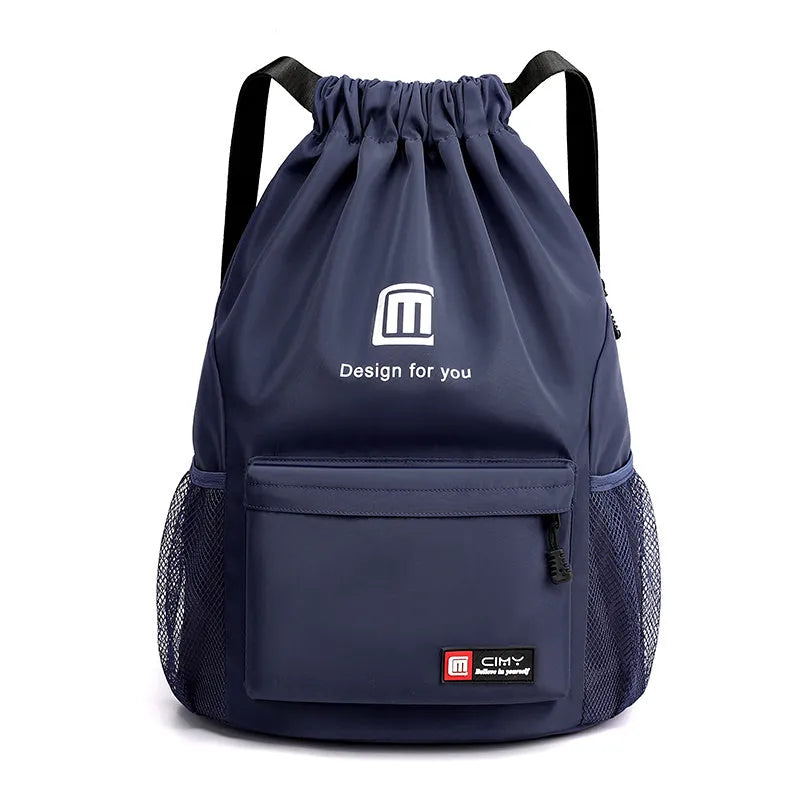 Large black drawstring backpack in soft bucket shape with pull-cord closure and double shoulder straps.